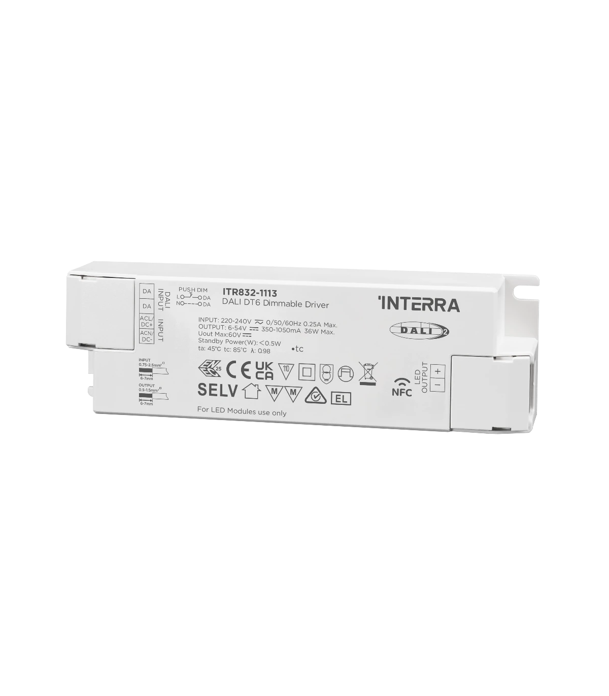 36W NFC Programmable DALI-2 DT6 Constant Current LED Driver (350 - 1050 mA)