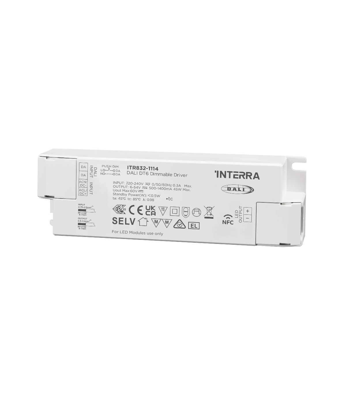 45W NFC Programmable DALI-2 DT6 Constant Current LED Driver (500 - 1400 mA)